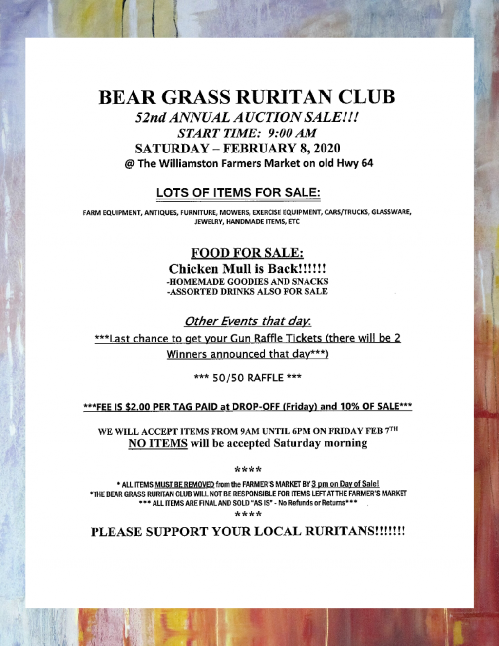 Bear Grass Ruritan Club 52nd Annual Auction Sale Martin County
